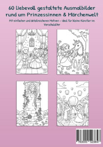 Rückseite von „Mein Malbuch Prinzessinnen & Märchenwelt“ mit vier Beispiel-Ausmalbildern von Schlossfest, Prinzessin mit Pferd, Turmprinzessin und Himmelslaternen
