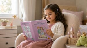 Mädchen liest „Mein Malbuch Prinzessinnen & Märchenwelt“ in einem Sessel neben einem rosa Spielzeugschloss, einem Frosch mit Krone und einem Zauberstab