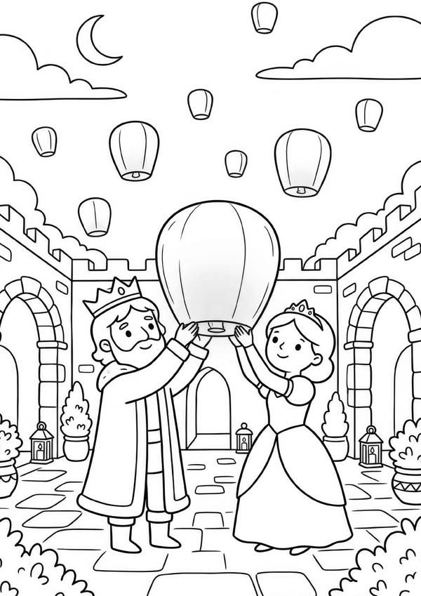 Ausmalbild mit einem König und einer Prinzessin, die vor einem Schloss eine Himmelslaterne steigen lassen