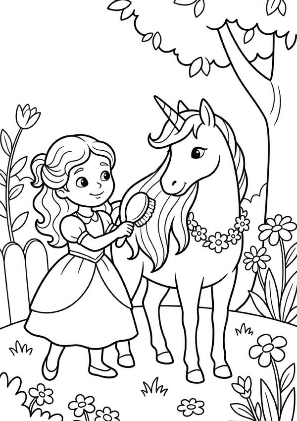 Ausmalbild mit einer Prinzessin, die ein Einhorn auf einer Blumenwiese bürstet