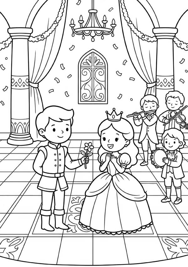 Ausmalbild mit einer Prinzessin und einem Prinzen bei einem Schlossball mit Musikern