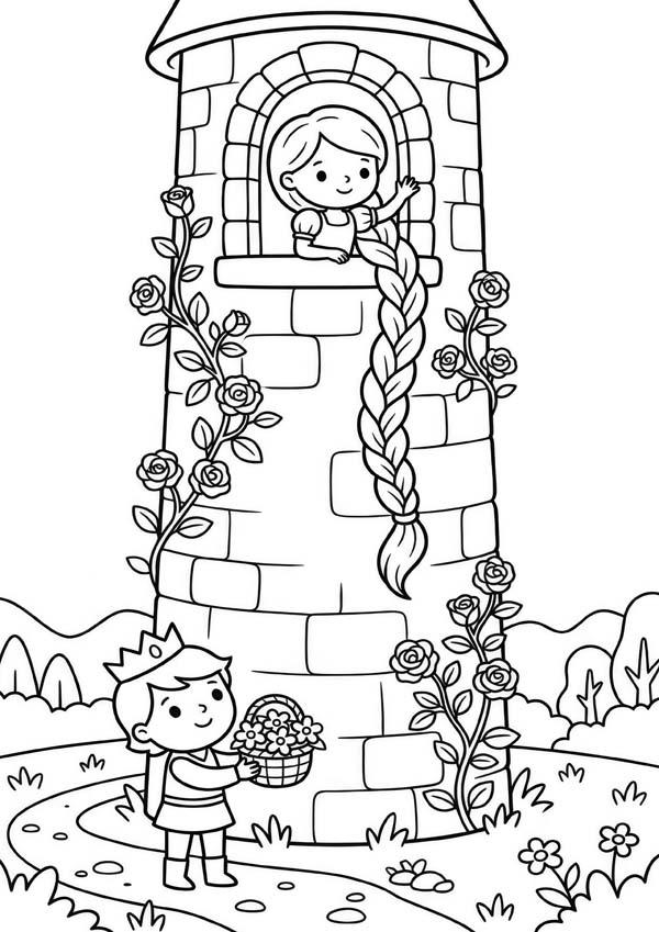 Ausmalbild mit einer Prinzessin im Turm und einem Prinzen, der ihr einen Blumenkorb bringt