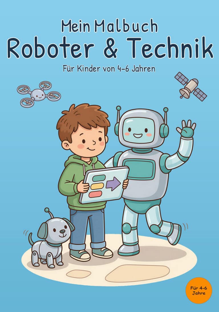 Hellblaues Cover von „Mein Malbuch Roboter & Technik“ mit einem Jungen und Tablet, einem großen winkenden Roboter, einem kleinen Roboterhund sowie Drohne und Satellit