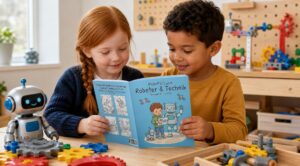 Ein rothaariges Mädchen und ein Junge lesen gemeinsam „Mein Malbuch Roboter & Technik“ an einem Werktisch; daneben stehen ein Spielzeugroboter, bunte Zahnräder und technische Bauteile