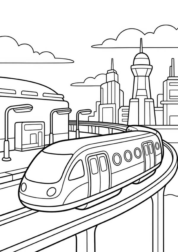 Ausmalbild mit einer modernen Magnetschwebebahn auf einer Hochstrecke in einer futuristischen Stadt