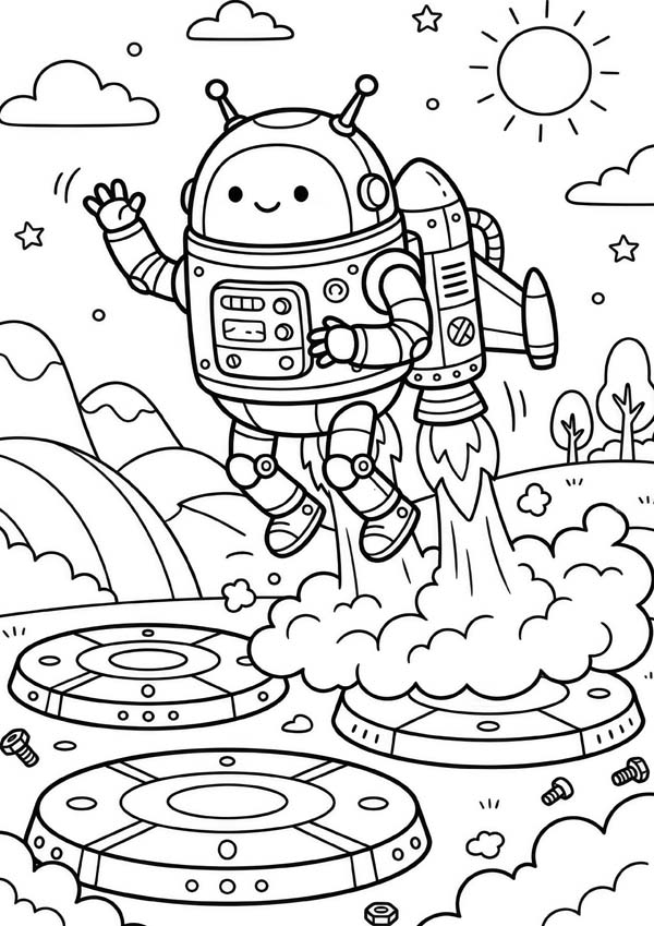 Ausmalbild mit einem freundlichen Roboter, der mit einem Jetpack von einer technischen Plattform abhebt