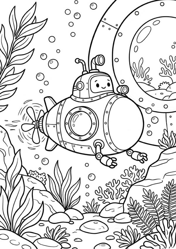 Ausmalbild mit einem Unterwasserroboter, der zwischen Korallen und Wasserpflanzen über den Meeresboden fährt