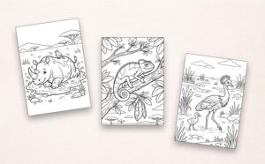 Drei Beispiel-Ausmalbilder aus „Mein Malbuch Safari & Savanne“ mit Nashorn im Schlamm, Chamäleon auf einem Ast und Kranich mit Jungtier an einer Wasserstelle