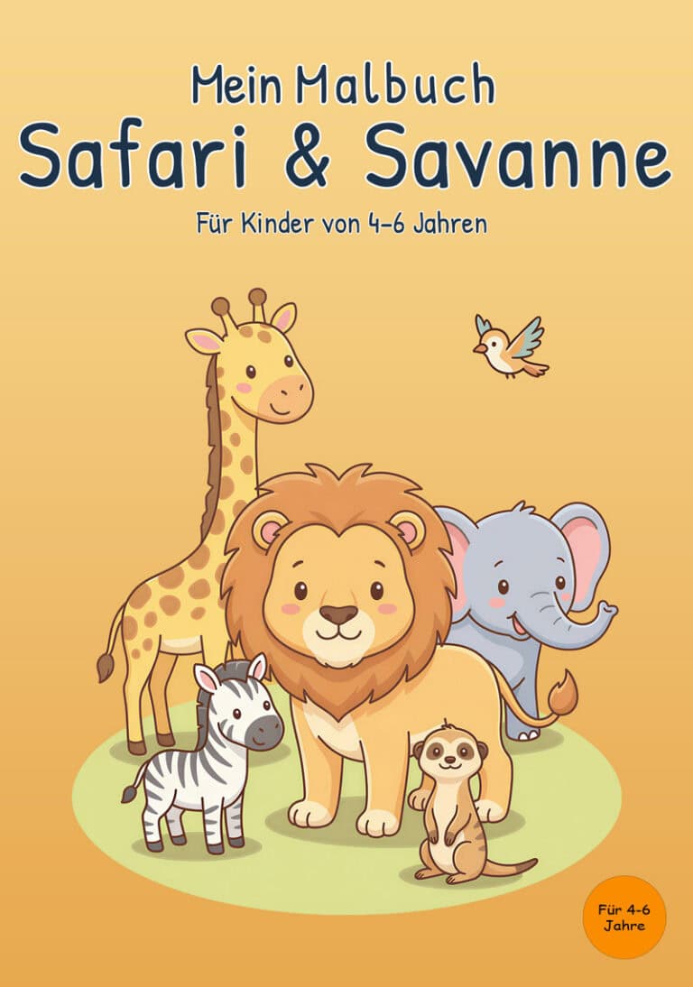 Cover von „Mein Malbuch Safari & Savanne“ für Kinder von 4–6 Jahren mit Giraffe, Löwe, Elefant, Zebra, Erdmännchen und kleinem Vogel
