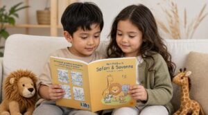 Zwei Kinder lesen gemeinsam „Mein Malbuch Safari & Savanne“ auf einem Sofa zwischen einem Löwen-Kuscheltier und einer Plüschgiraffe