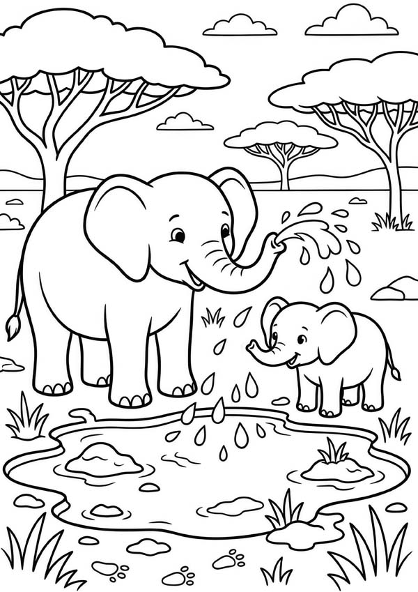 Ausmalbild mit einem Elefanten und einem Elefantenbaby, die an einem Wasserloch spielen