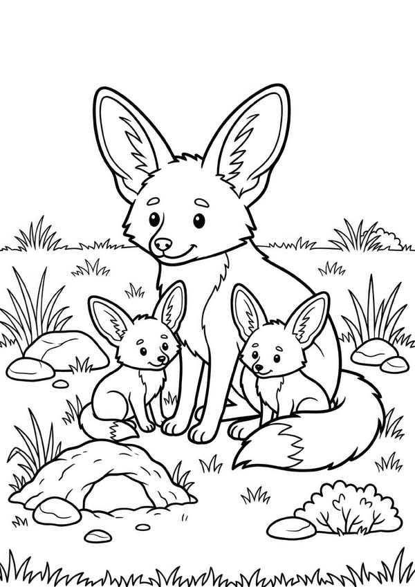 Ausmalbild mit einer Fennek-Familie und zwei Jungtieren vor ihrem Bau