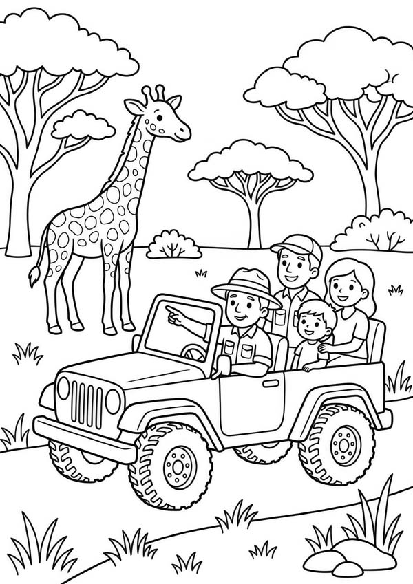 Ausmalbild mit einer Familie im Safari-Jeep und einer Giraffe in der Savanne