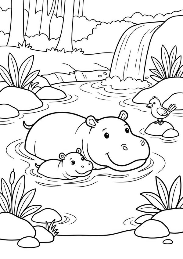 Ausmalbild mit einem Nilpferd und seinem Baby im Wasser vor einem Wasserfall