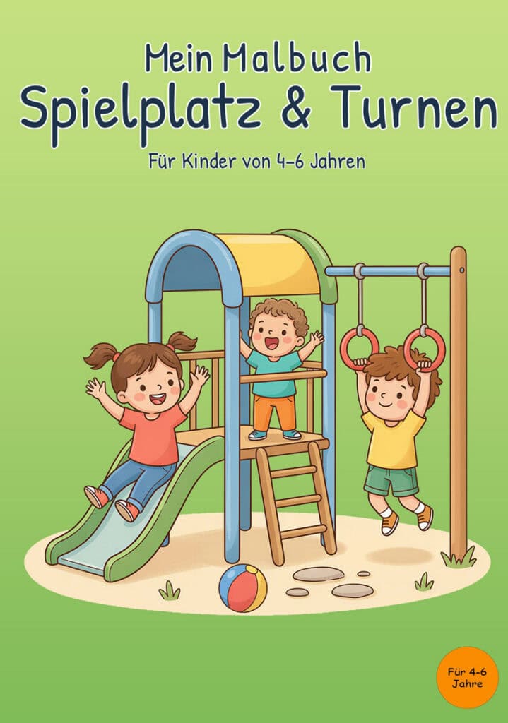 mein-malbuch-spielplatz-turnen-cover Grünes Cover von „Mein Malbuch Spielplatz & Turnen“ mit drei Kindern an Rutsche, Kletterturm und Turnringen sowie einem Ball