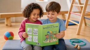 Zwei Kinder lesen gemeinsam „Mein Malbuch Spielplatz & Turnen“ in einem Bewegungsraum mit Kletterleiter, Ball und Springseil