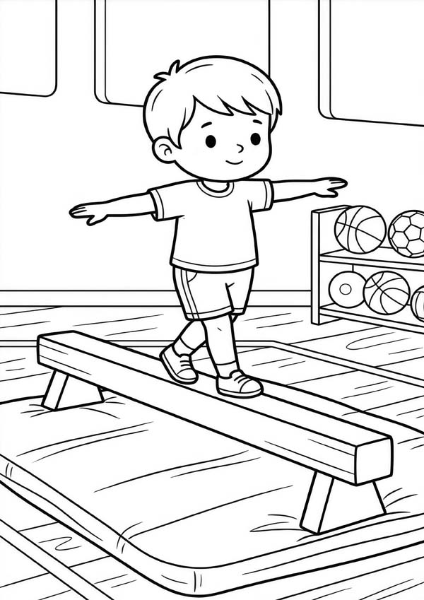 Ausmalbild mit einem Jungen, der in einer Turnhalle auf einem Schwebebalken balanciert