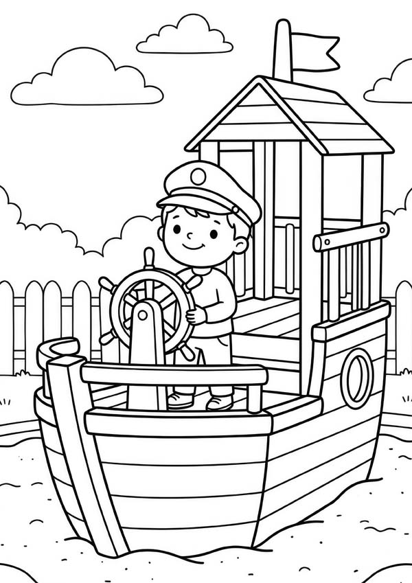 Ausmalbild mit einem Kind, das auf einem Spielschiff am Steuerrad steht