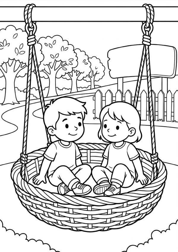 Ausmalbild mit zwei Kindern, die gemeinsam auf einer großen Nestschaukel auf dem Spielplatz sitzen