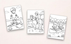 Drei Beispiel-Ausmalbilder aus „Mein Malbuch Sport & Bewegung“ mit Skateboard, Reitübung und zwei Kindern im Kanu