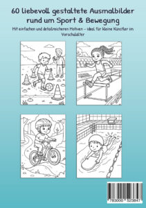 Rückseite von „Mein Malbuch Sport & Bewegung“ mit vier Ausmalbildern zu Fußballtraining, Hürdenlauf, Mountainbike und Schwimmen