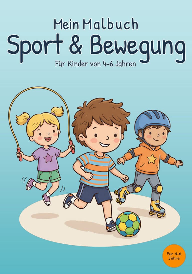 Cover von „Mein Malbuch Sport & Bewegung“ für Kinder von 4–6 Jahren mit Springseil, Fußball und Rollschuhen
