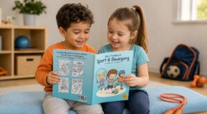 Zwei Kinder lesen gemeinsam „Mein Malbuch Sport & Bewegung“ in einem Spielzimmer mit Springseil, Sporttasche und Ball