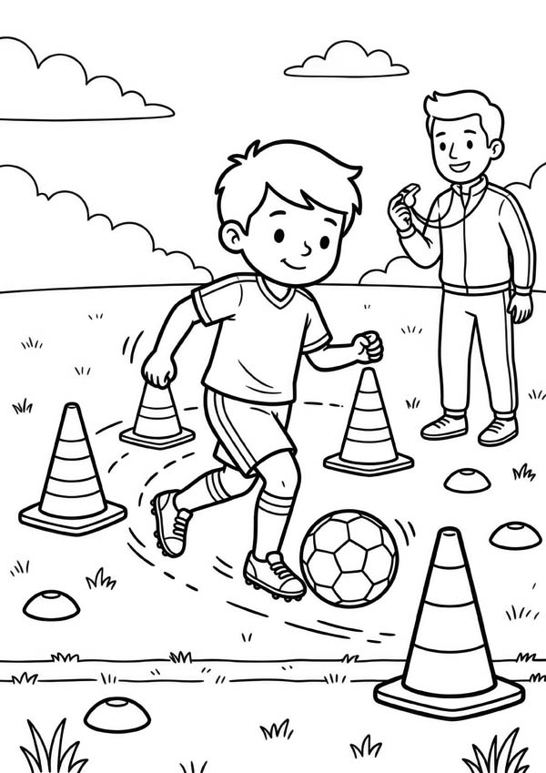 Ausmalbild mit einem Jungen, der einen Fußball durch einen Parcours mit Markierungskegeln dribbelt