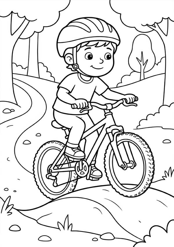 Ausmalbild mit einem Jungen, der mit Helm auf einem Mountainbike über einen Waldweg fährt