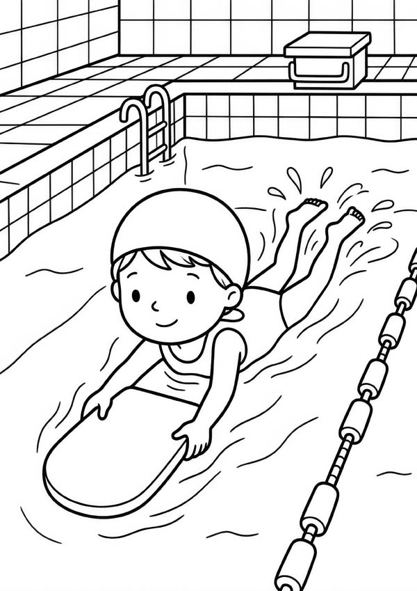 Ausmalbild mit einem Kind, das mit Schwimmkappe und Schwimmbrett in einem Schwimmbecken übt
