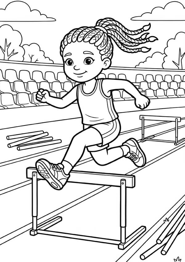 Ausmalbild mit einem Mädchen beim Hürdenlauf auf einer Laufbahn im Stadion