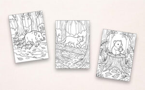 Drei Beispiel-Ausmalbilder aus „Mein Malbuch Waldtiere“ mit Wildschweinfamilie, Luchs im Wald und kleinem Nagetier auf einem Baumstumpf