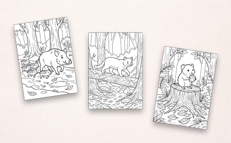 Drei Beispiel-Ausmalbilder aus „Mein Malbuch Waldtiere“ mit Wildschweinfamilie, Luchs im Wald und kleinem Nagetier auf einem Baumstumpf