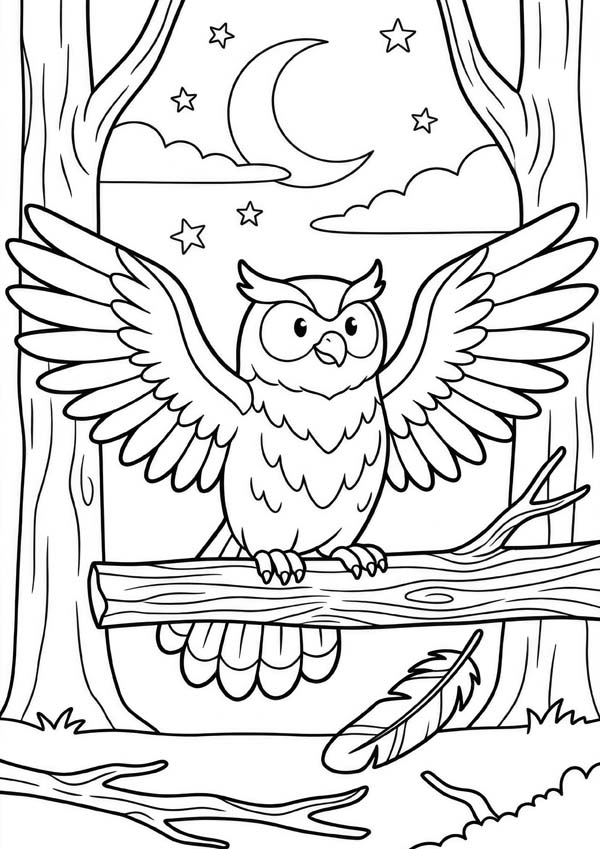 Waldtiere-Ausmalbild mit einer Eule, die nachts unter Mond und Sternen ihre Flügel auf einem Ast ausbreitet