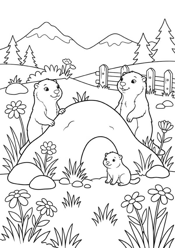 Waldtiere-Ausmalbild mit einer Murmeltierfamilie an ihrem Bau auf einer blühenden Bergwiese