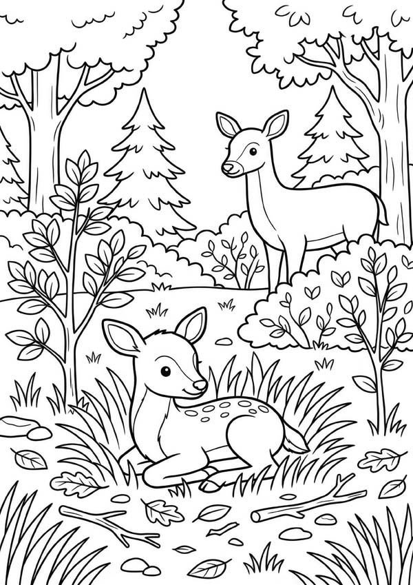 Waldtiere-Ausmalbild mit einem liegenden Rehkitz und einem Reh zwischen Bäumen, Sträuchern und Herbstblättern