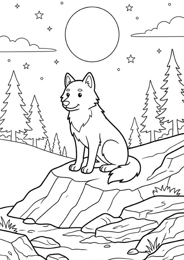 Waldtiere-Ausmalbild mit einem Wolf auf einem Felsen an einem Bach vor Tannen, Mond und Sternen