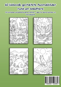 Rückseite von „Mein Malbuch Waldtiere“ mit vier Beispiel-Ausmalbildern von Rehen, Eule, Murmeltieren und Wolf
