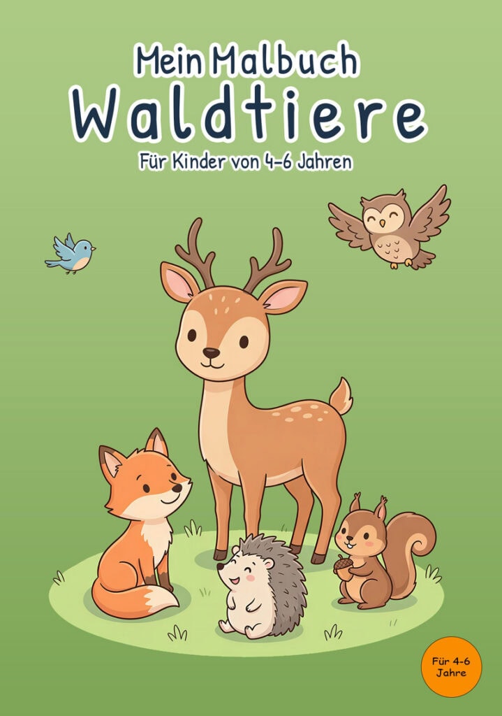 Cover von „Mein Malbuch Waldtiere“ für Kinder von 4–6 Jahren mit Reh, Fuchs, Igel, Eichhörnchen, Eule und kleinem Vogel