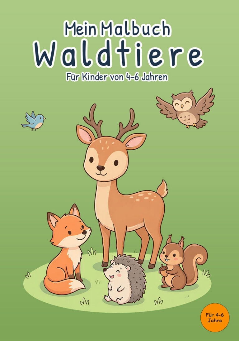 Cover von „Mein Malbuch Waldtiere“ für Kinder von 4–6 Jahren mit Reh, Fuchs, Igel, Eichhörnchen, Eule und kleinem Vogel