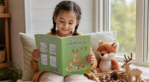 Kind liest „Mein Malbuch Waldtiere“ auf einem Sofa neben einem Fuchs-Kuscheltier, einer Holzfigur mit Reh und Walddekoration