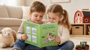 Twee kinderen bekijken samen Mijn kleurboek Op de boerderij; naast hen staan een knuffelschaap, een speelgoedtractor en een speelgoedschuur.