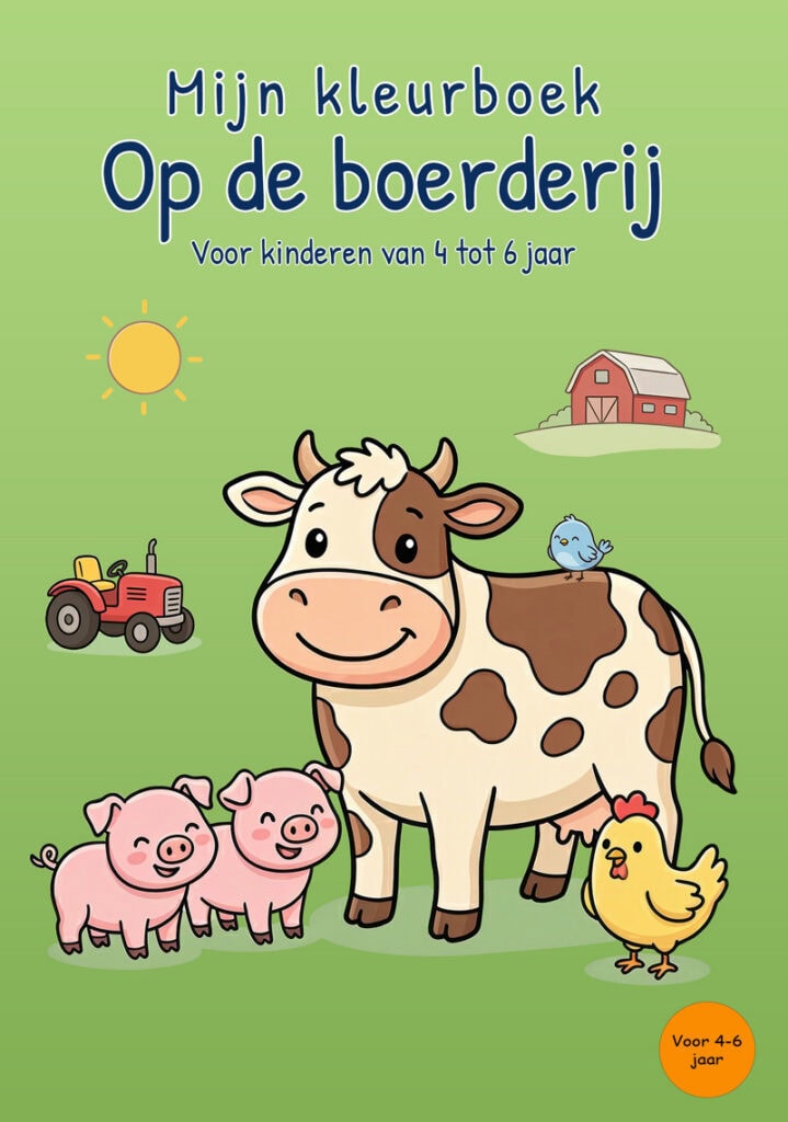 mijn-kleurboek-op-de-boerderij-voorkant Groene voorkant van Mijn kleurboek Op de boerderij met een koe, twee biggetjes, een kip, een vogel, een tractor en een schuur.