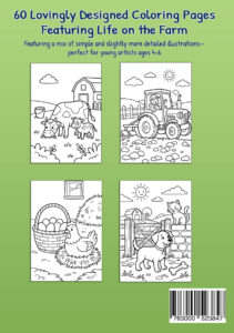 Back cover of My Coloring Book: On the Farm showing four sample coloring pages: a cow and calf, a tractor, a hen beside a basket of eggs, and a dog with a cat by a gate