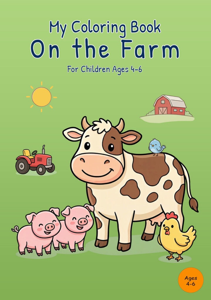 my-coloring-book-on-the-farm-front-cover Front cover of My Coloring Book: On the Farm on a green background with a cow, two pigs, a chicken, a small bird, a tractor, a barn, and a sun