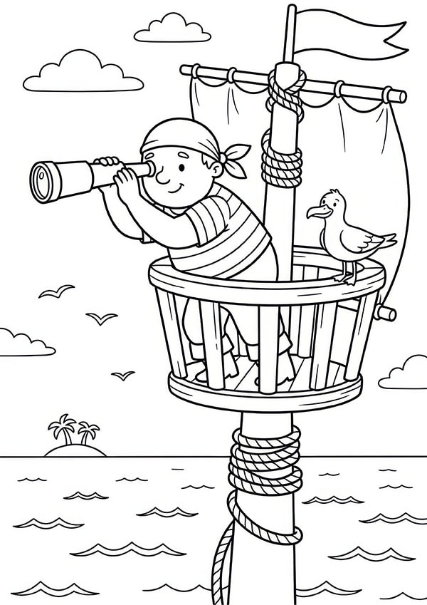 Gratis kleurplaat uit ‘Mijn kleurboek Piraten en avontuur’ met een piraat in het kraaiennest die door een verrekijker kijkt
