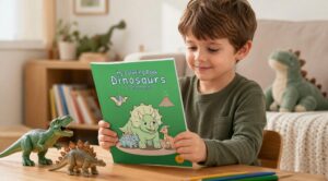 A child holds My Coloring Book Dinosaurs at a table with a toy T. rex, a Stegosaurus figure, colored pencils, and a plush dinosaur nearby