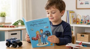 A child reads My Coloring Book Mighty Vehicles at a wooden table beside a blue toy monster truck and a red-and-white toy airplane