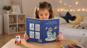 A child reads My Coloring Book Space, Rockets & Planets at a wooden table with a toy rocket and colored pencils in a bedroom decorated with star lights and a moon pillow