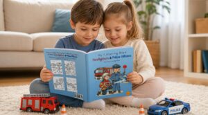 Two children read My Coloring Book Firefighters & Police Officers on a carpet with a toy fire truck, two traffic cones, and a toy police car